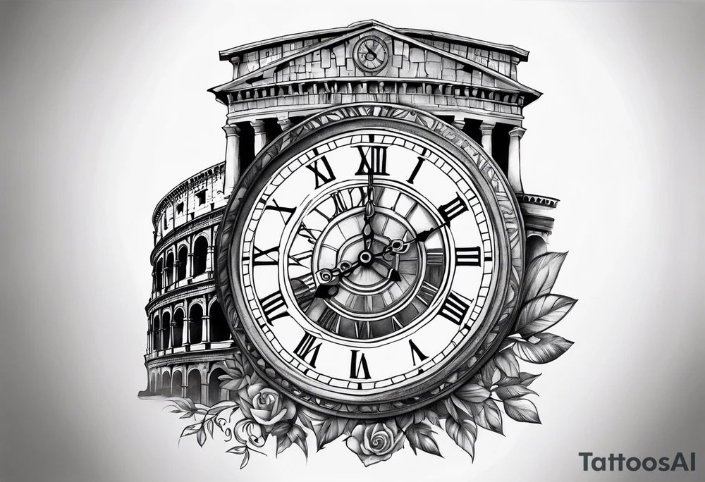 Roman clock above
 colosseum tattoo idea