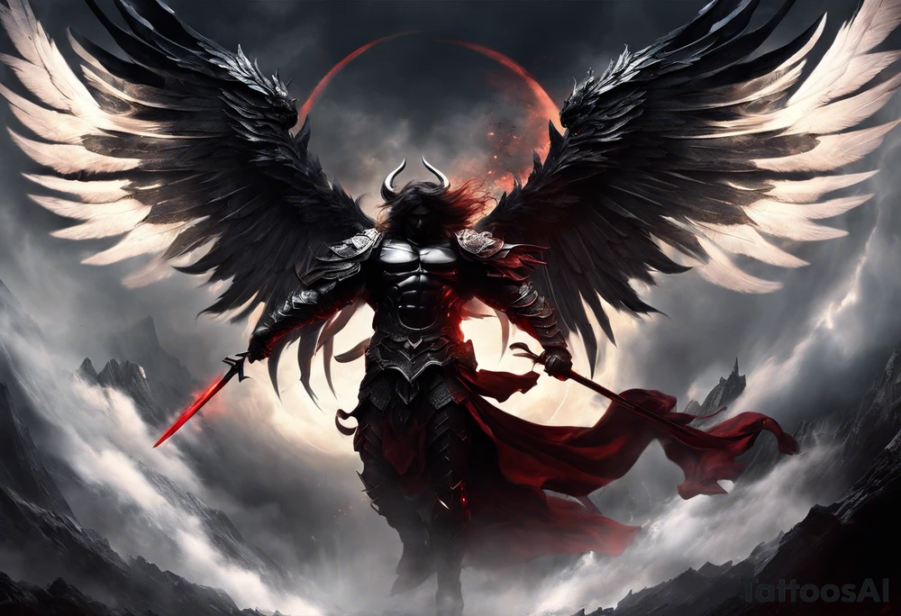 2. **Angel and Demon**: Create a scene where an angel and a demon are locked in a fierce battle, with their forms gradually fading into one another as they clash. This design could symbolize the constant struggle between virtue and temptation within oneself.

3. **Demonic Wings and Halo**: Combine elements of darkness and light by depicting demonic wings on one side and a halo on the other, both fading into shadowy tendrils that extend across your skin. This design could represent the internal conflict between sinful desires and divine guidance.

4. **Tree of Life and Tree of Death**: Create a split composition featuring the Tree of Life on one side, teeming with vibrant foliage and lush growth, and the Tree of Death on the other, twisted and gnarled with dark, ominous roots. The two trees could gradually fade into one another, symbolizing the interconnectedness of life and death.

5. **Duality Masks**: Design two theatrical masks—one representing a serene, angelic visage and the other a sinister, demonic expression—connected by swirling tendrils of fading black-and-white ink. This tattoo could symbolize the masks we wear to conceal our inner struggles and the blurred line between good intentions and malevolent impulses. tattoo idea