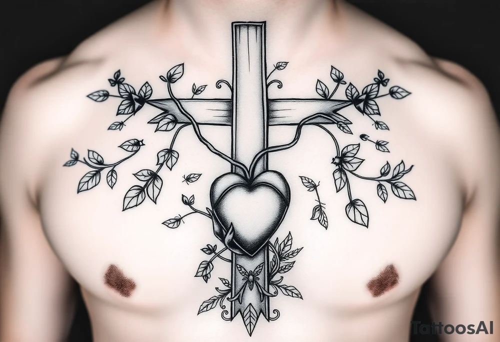 powerful majestic cross on the front of the body center to the chest with vines representing life and a heart within the cross being held like a chain from the cross and other symbols of life like insects and birds butterflies tattoo idea