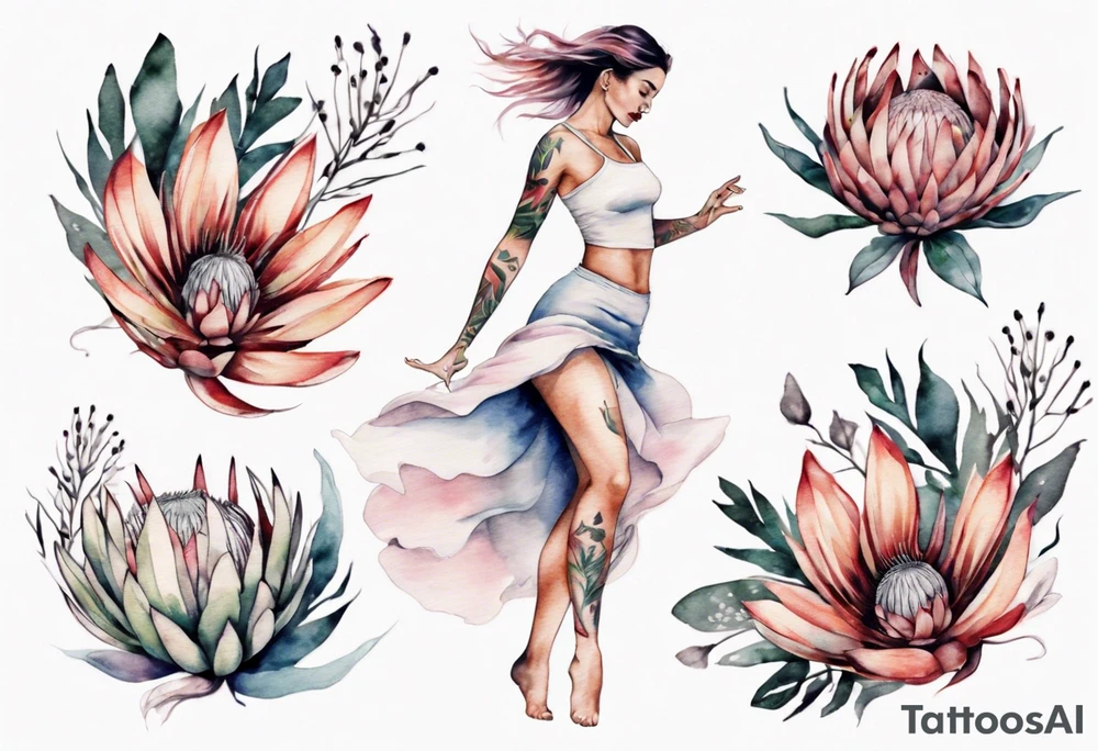 Very feminine tattoo with a woman dancing in a wind of protea flowers tattoo idea