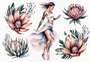 Very feminine tattoo with a woman dancing in a wind of protea flowers tattoo idea