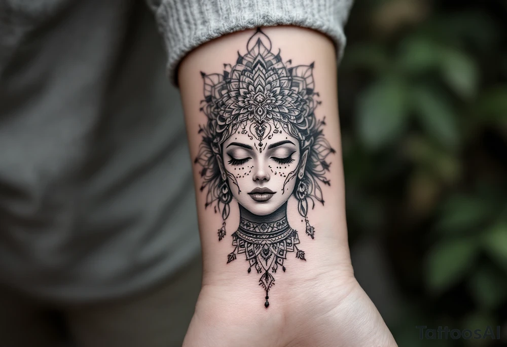 beautiful woman dmt deity with mandala fully behind head tattoo idea beautiful woman dmt deity with mandala fully behind head tattoo idea