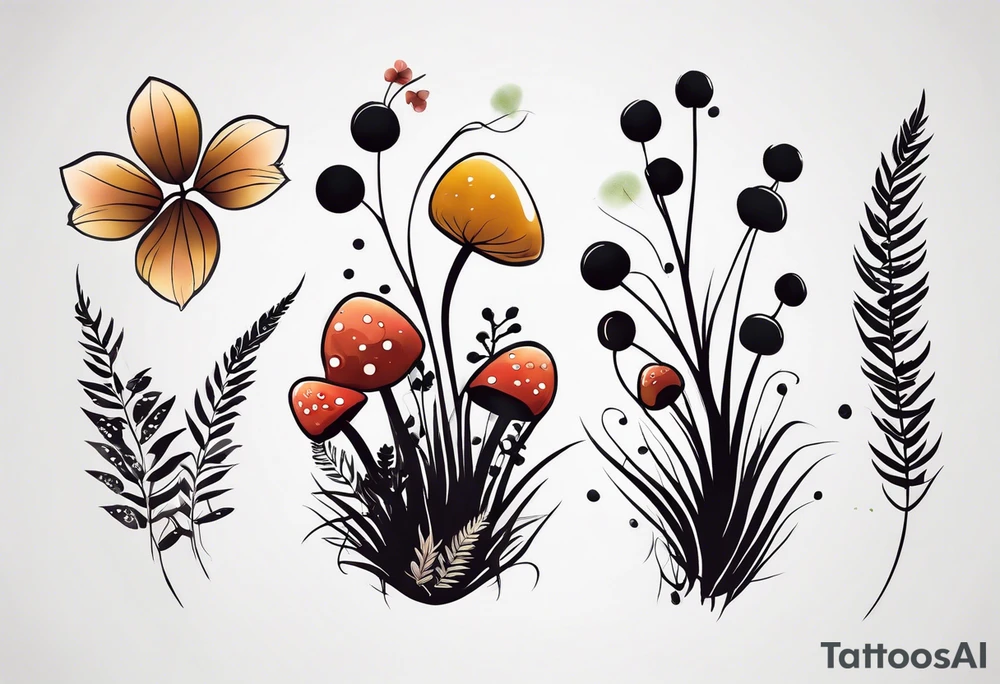 forest floor inspired minimalist tattoo, which includes grass, curly ferns, moss and dead leaves as the bulk of the tattoo. details to include: forest berries, a tiny bumblebee flying nearby, three small brown mushrooms
Generate a vertically long one tattoo idea