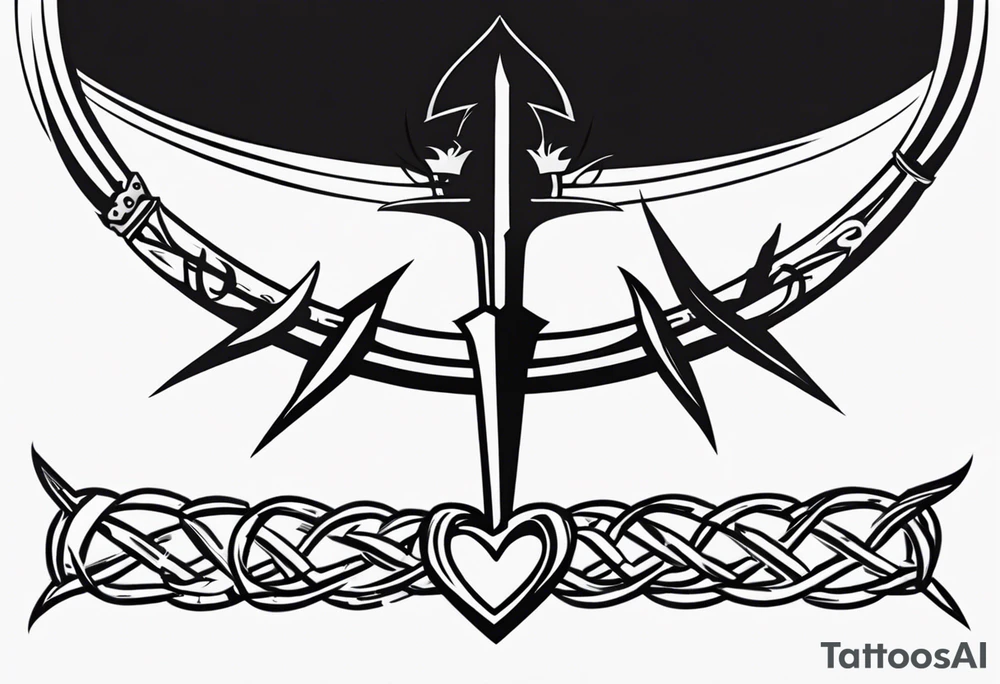 A simple design of a crown of thorns resting on the guard of a sword that is piercing a heart tattoo idea