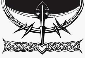 A simple design of a crown of thorns resting on the guard of a sword that is piercing a heart tattoo idea