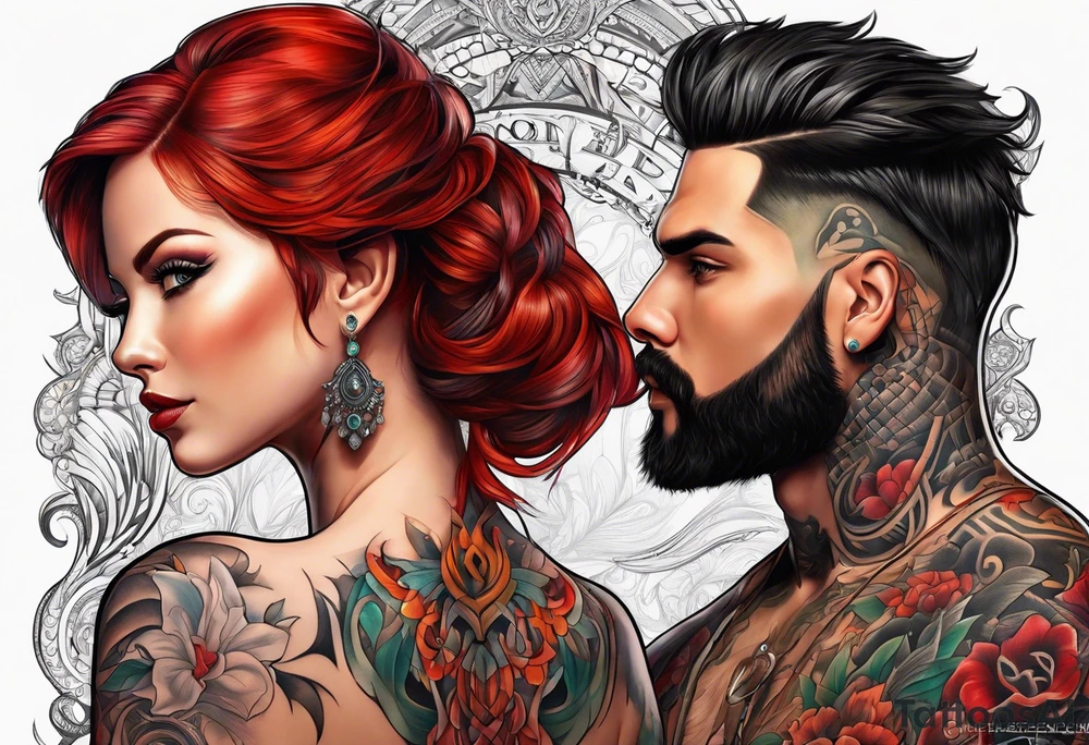Busty Red haired woman with black haired bearded man tattoo idea