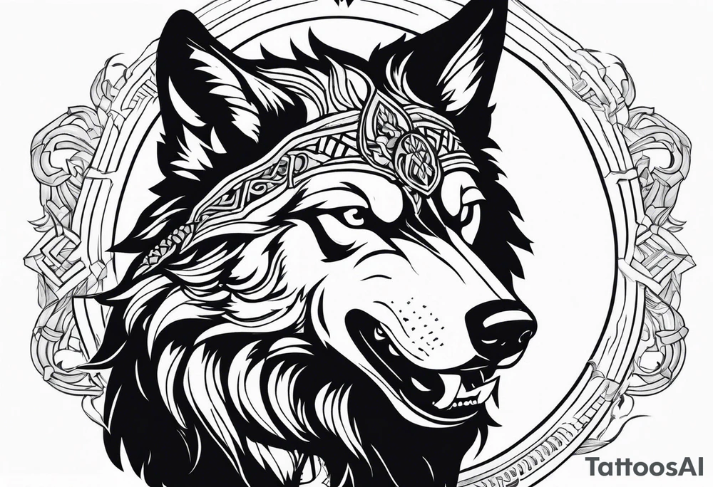 a head of savage wolf with a sword in its mouth facing left tattoo idea