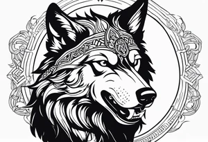 a head of savage wolf with a sword in its mouth facing left tattoo idea