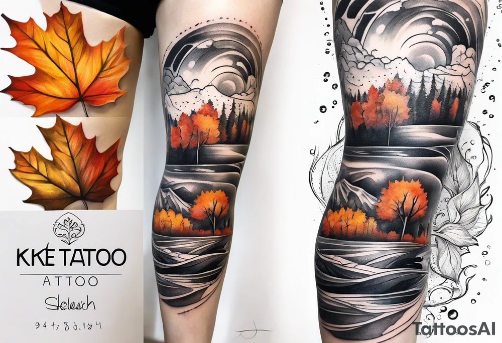 Knee tattoo in fall colors with water flow washes tattoo idea