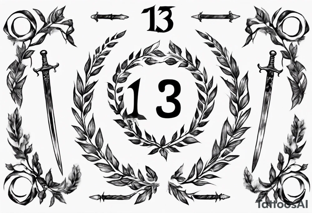 number 13 centered in a laurel leaf wreath and a sword going through the center of the wreath tattoo idea