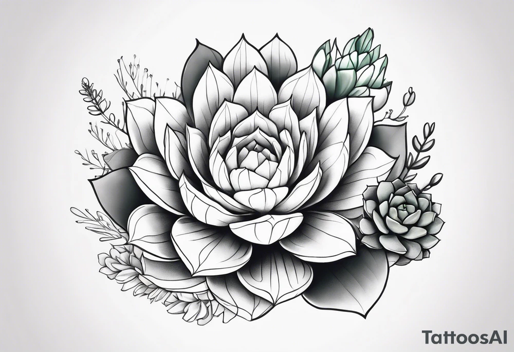 fine line. one big succulent in the middle. One smaller succulents on each side. Dots and floral
. Sternum tattoo grey scale shading tattoo idea
