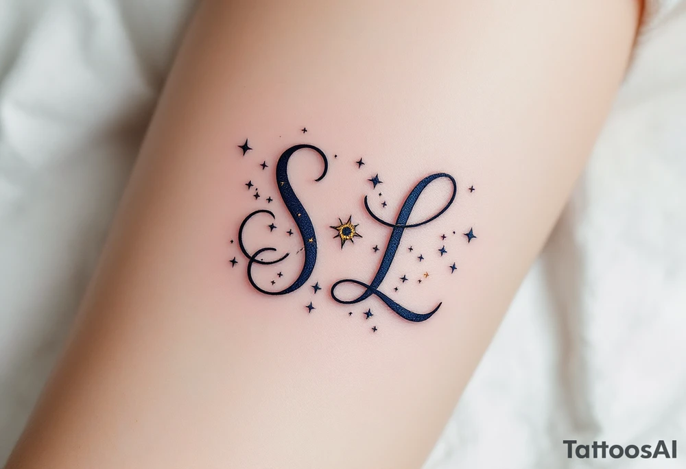 Celestial Monogram – Midnight blue and gold “S ∗ L” with small stars and a crescent moon orbiting the letters. tattoo idea
