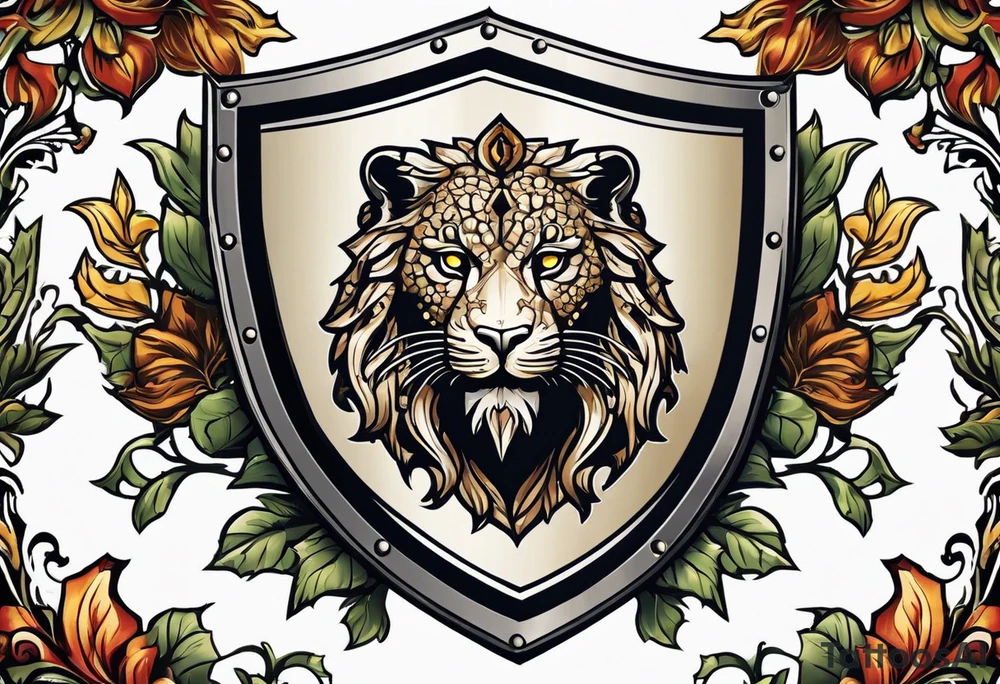 A shield with leopar head as shield's emblem. The shield would be hang on a ivy planted wall tattoo idea