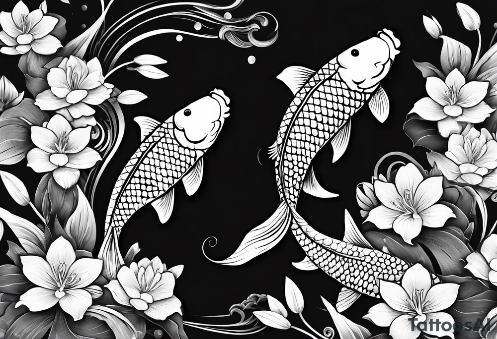 koi fish in pond on white background, black and white, intricate Polynesian tattoo, for laser engraving tattoo idea
