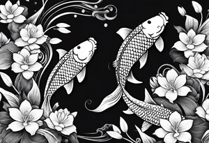 koi fish in pond on white background, black and white, intricate Polynesian tattoo, for laser engraving tattoo idea