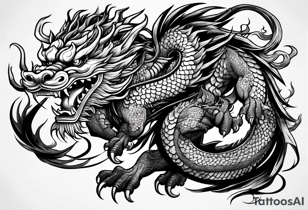 Powerful Japanese dragon, with a fu dog and oni mask for forearm tattoo idea