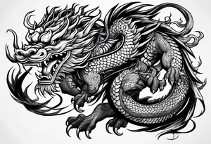 Powerful Japanese dragon, with a fu dog and oni mask for forearm tattoo idea