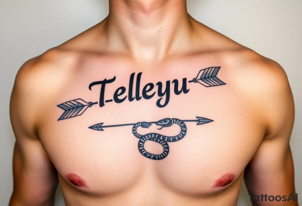 telugu text on chest with arrow and snake tattoo idea