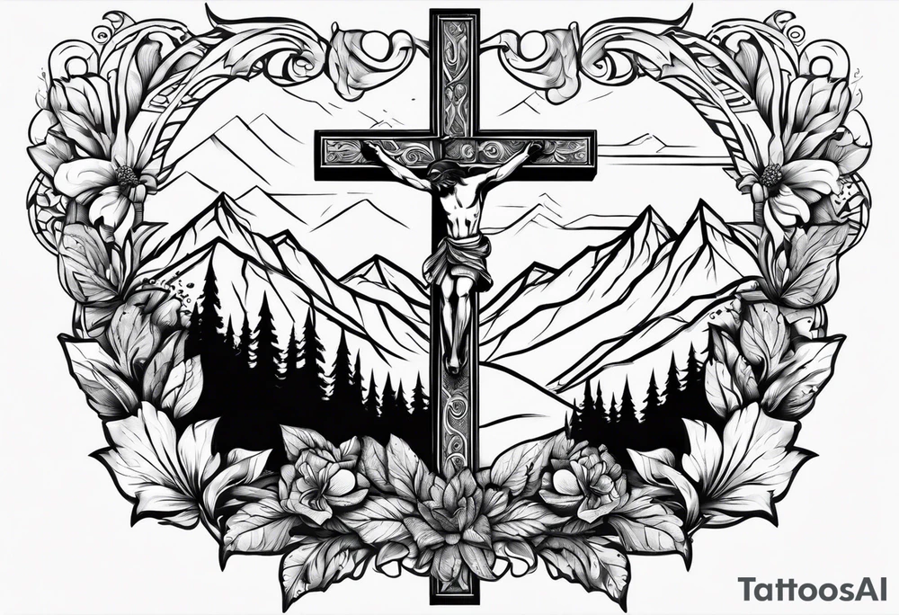 cross with mountains tattoo idea