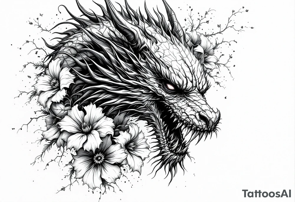 scary dragon face down with flowers tattoo idea