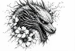 scary dragon face down with flowers tattoo idea