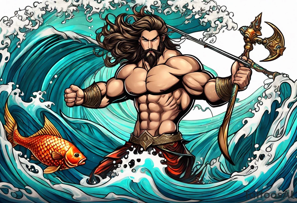 muscular
god 
posideon fighting a sport fish with a trident surrounded by sexy  female 
mermaids tattoo idea