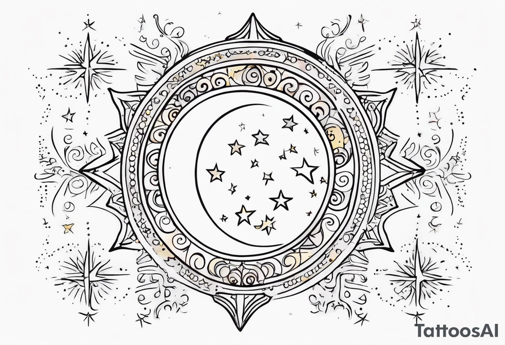 Western sun stars and moon. Mirrored with swirls and dots and stars tattoo idea