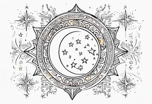 Western sun stars and moon. Mirrored with swirls and dots and stars tattoo idea