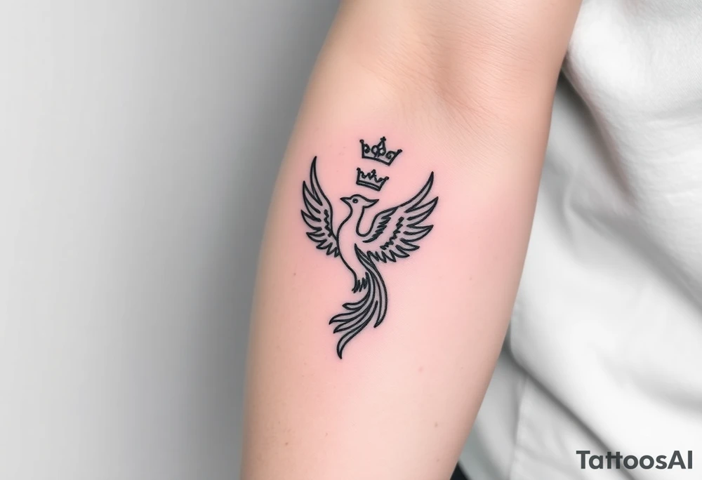 Minimal phoenix and crown fine lines tattoo idea