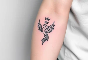 Minimal phoenix and crown fine lines tattoo idea