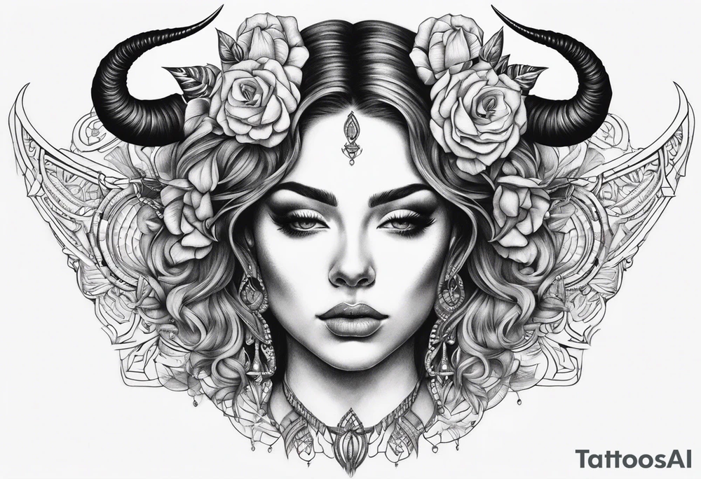 symmetrical woman head with curved horns facing downwards dark realism looking front facing view tattoo idea