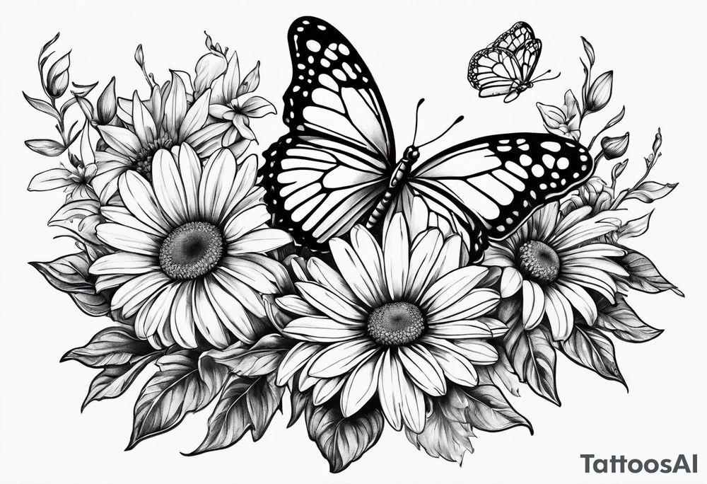 small tattoo daisies, chrysanthemum and morning glories with a butterfly tattoo idea