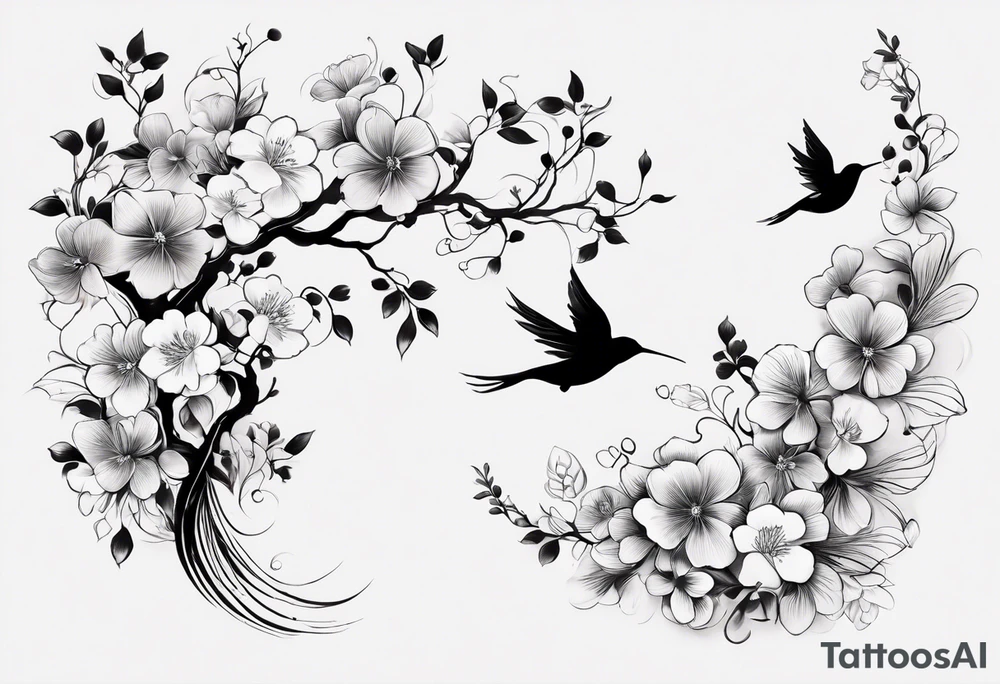 “Create a fine, delicate tattoo that starts at the lower back and extends to the middle of the back. The design should feature a thin, flowing Japanese plum branch, with small plum blossoms and ginkgo leaves subtly integrated into the branch. Carefully conceal the following elements within the design: a small, elegant horseshoe, a hummingbird in flight, a graceful butterfly, an antique pocket watch with intricate details, and a small, sparkling diamond. Ensure that these elements blend seamlessly and harmoniously into the natural flow of the branch, creating a refined and elegant composition with all details appearing subtle and not overwhelming. The overall aesthetic should feel organic, balanced, and artistically intricate.” tattoo idea