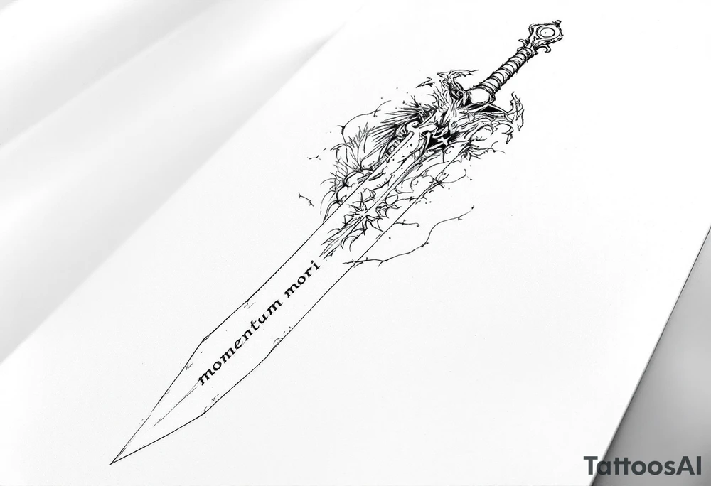 Momentum mori engraved on the sword with the Angel of Death holding the blade looking down on it tattoo idea