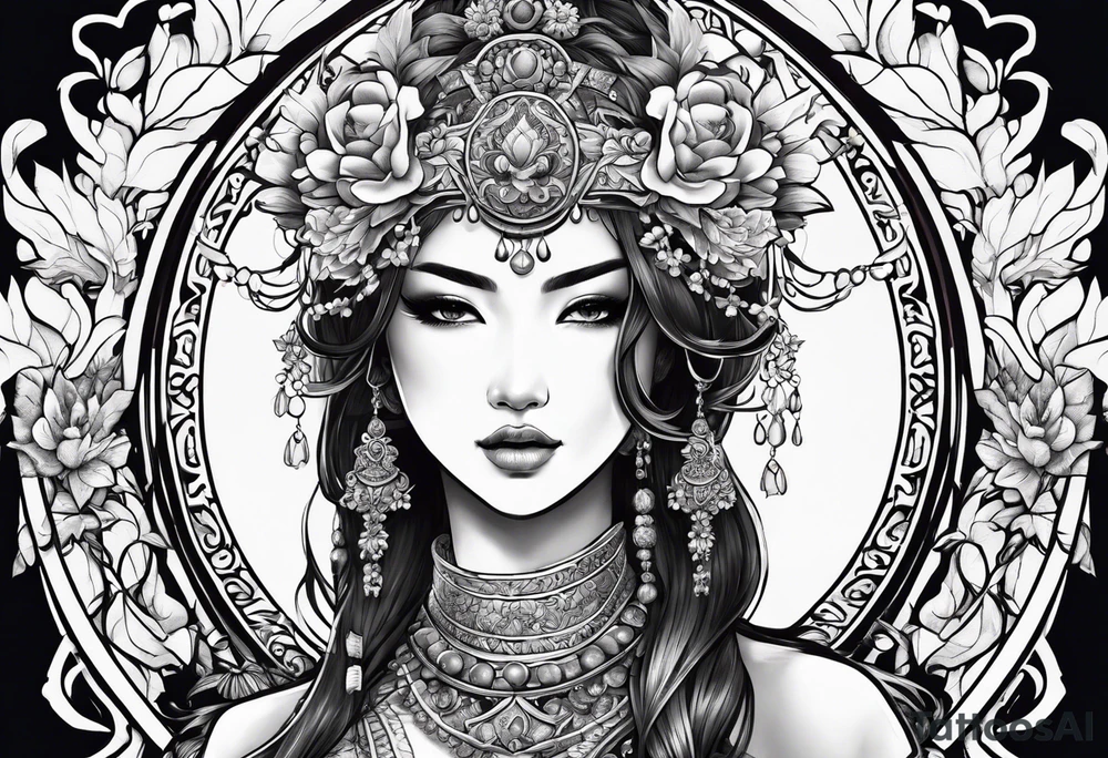 ornate beautiful woman warrior with weapon & floral arch background tattoo from head to torso tattoo idea