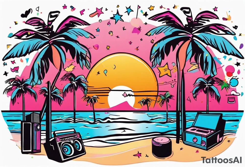 1980's miami vice style beach dance 
party, include confetti, music notes, boom box, bikinis sunset in the center tattoo idea