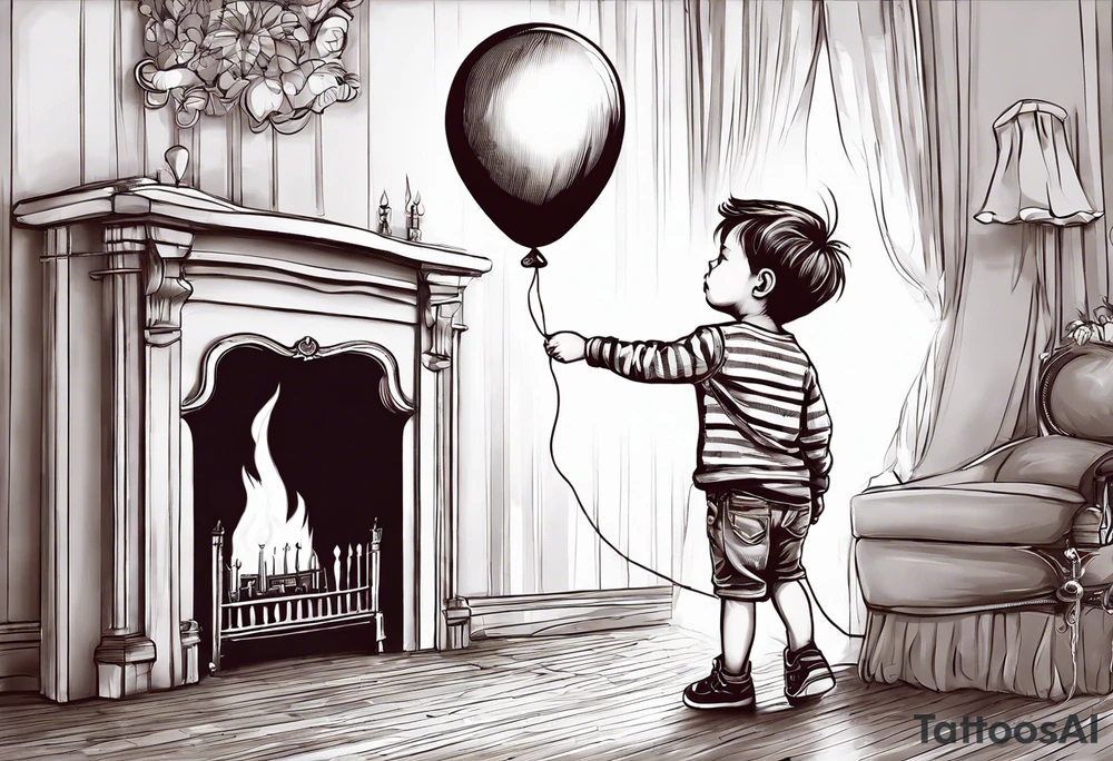 tatoo in sketch style only.
A little boy is holding a string to the hearth shaped small party baloon.
boy should be drawed from behind and has one hand reaching up in 45 degree angle and holding the baloon string
On the string is a wave which look like a hearbeat pulse.
draw it without any scenery, without any background. Just a boy 
Add heartbeat pulse on the string tattoo idea