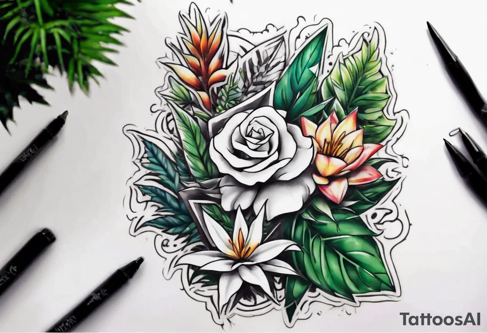 Word ‘power’ on top of plants tattoo idea