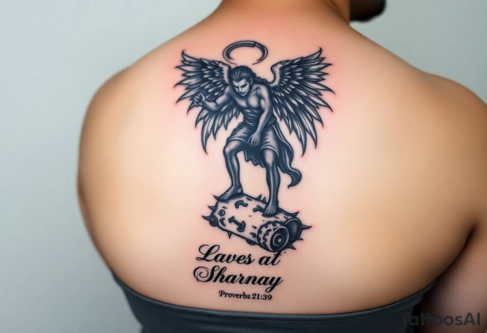 i want to fill my whole forearm so a full half sleeve can you generate archangel micheal stepping on the devils head like defeating him and then can you put  proverbs 21:39 below and put my moms name “Sharnay” with her eyes and fill wtv you want in with the rest just match the theme put it on the forearm tattoo idea