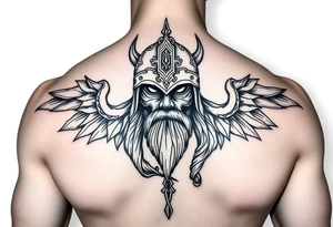 Russian bogatyr with helmet on the chest tattoo idea