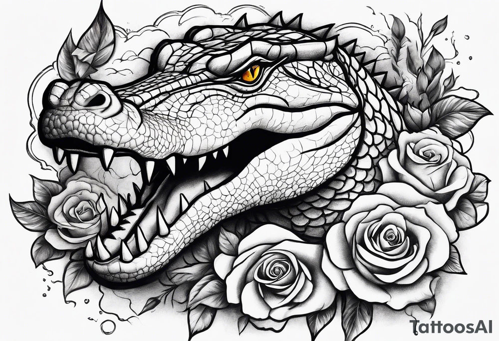 Make an arm sleeve with alligators and lightning bolts with roses scattered tattoo idea