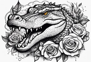 Make an arm sleeve with alligators and lightning bolts with roses scattered tattoo idea