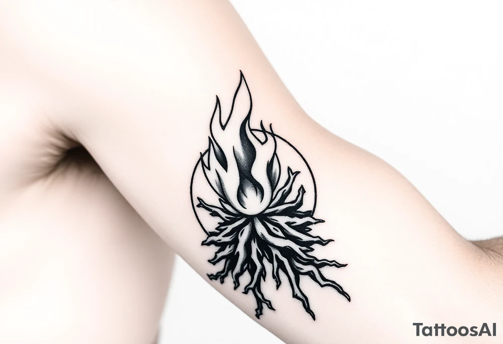 flame in a roots sphere tattoo idea