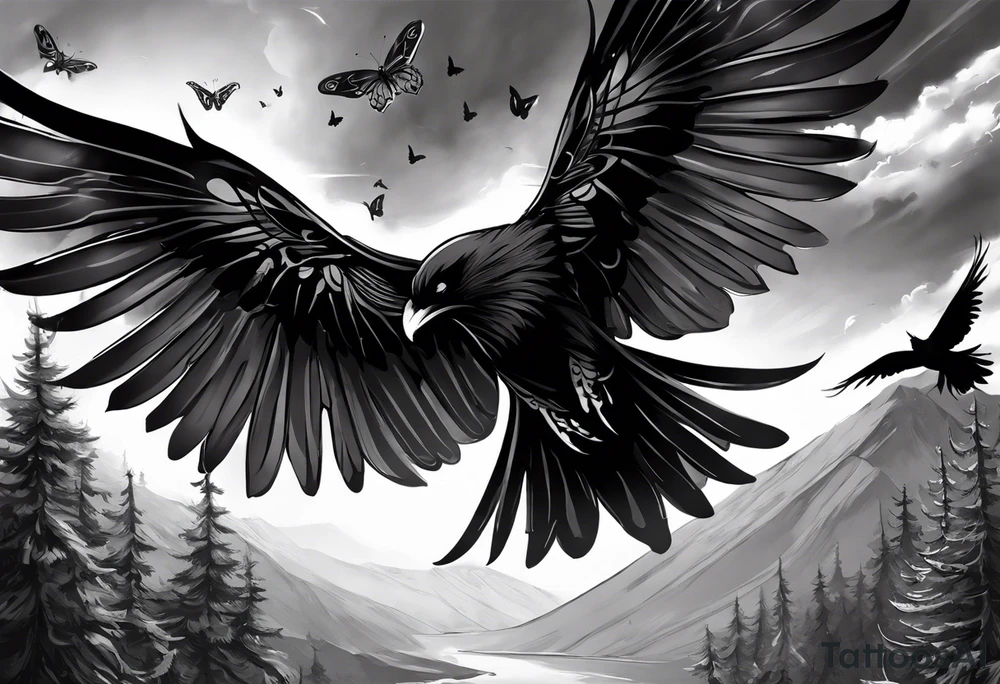A black and white tattoo.
A butterfly flies. A raven flies. 
The animals fly around the name Malia.

In the background is the name Malia.
In the background is the name SKF.
The number 89 can be seen in the background.
There is also a scorpion in the wing of the butterfly.
This tattoo is black and white and on the arm. tattoo idea