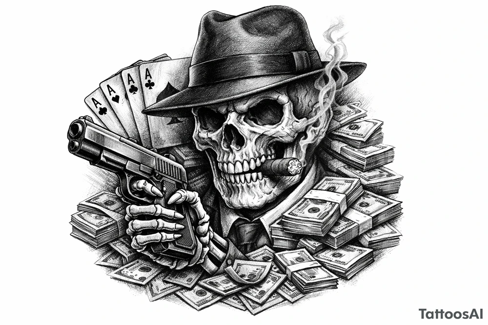 skull with gangster-hat,cigar in his mouth,gun in a skeleton-hand,playing cards,a lot of money. tattoo idea