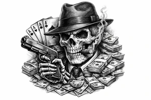 skull with gangster-hat,cigar in his mouth,gun in a skeleton-hand,playing cards,a lot of money. tattoo idea