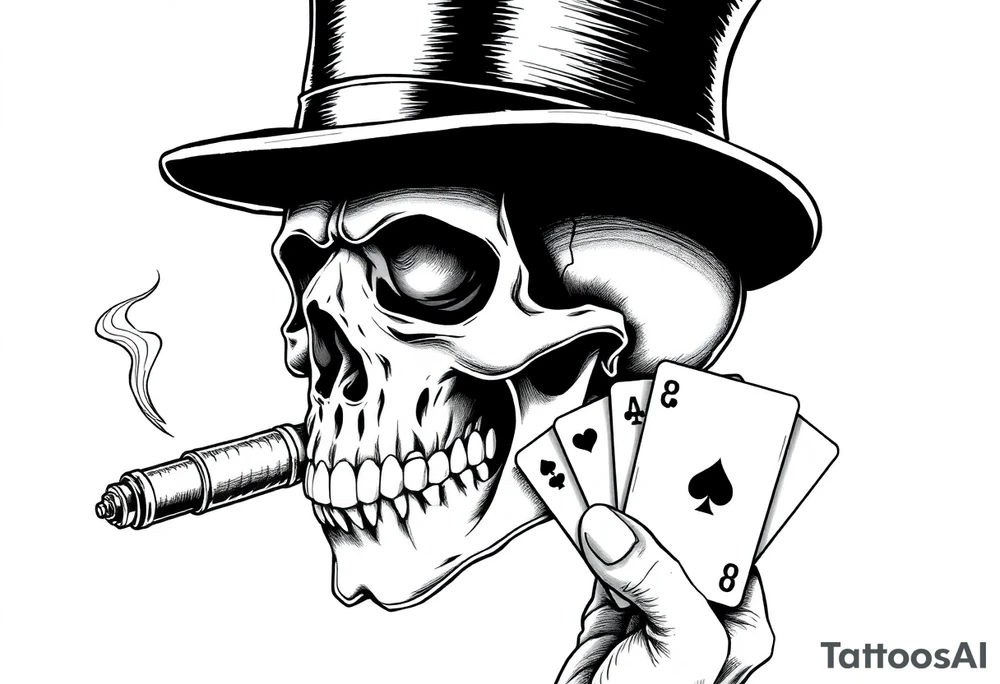 a skull with mustache, a big cigar in his mouth,top-hat on his head and playing cards in a hand. tattoo idea