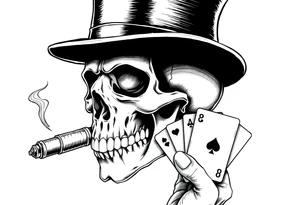 a skull with mustache, a big cigar in his mouth,top-hat on his head and playing cards in a hand. tattoo idea