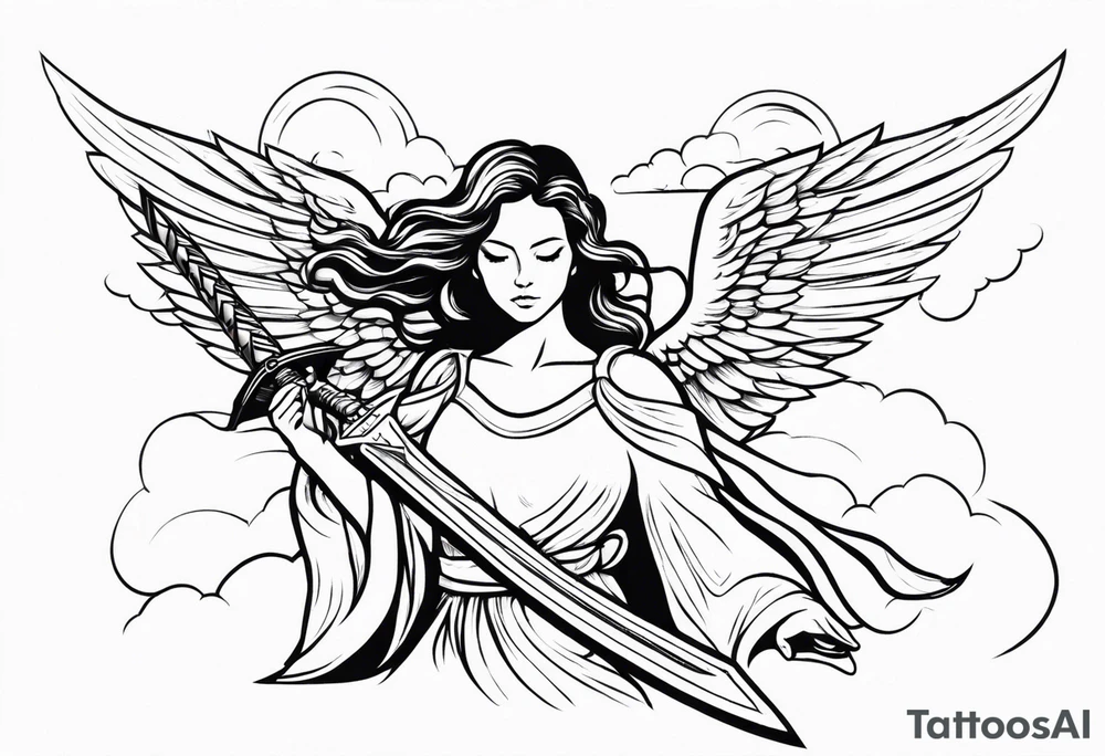 female angel with sword flying in the sky tattoo idea