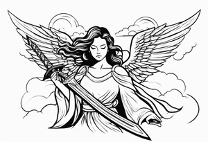 female angel with sword flying in the sky tattoo idea